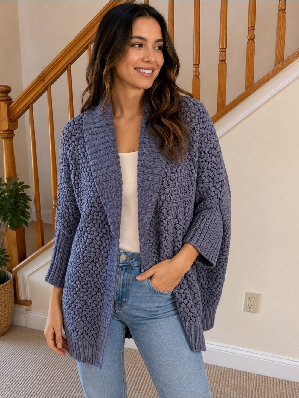 H by Halston Heathered Lavender Open-Front Knit Cardigan